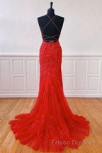 Mermaid Backless Red Lace Long Formal Prom Dresses, Mermaid Red Formal Dresses, Red Lace Evening Dresses