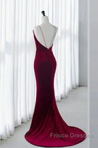 Mermaid Backless Velvet Burgundy Long Formal Prom Dress With Beads