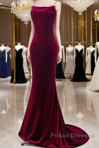 Mermaid Backless Velvet Burgundy Long Formal Prom Dress With Beads