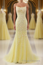 Mermaid Backless Yellow Lace Long Formal Prom Dresses, Mermaid Yellow Formal Dresses, Yellow Lace Evening Dresses