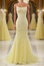 Mermaid Backless Yellow Lace Long Formal Prom Dresses, Mermaid Yellow Formal Dresses, Yellow Lace Evening Dresses