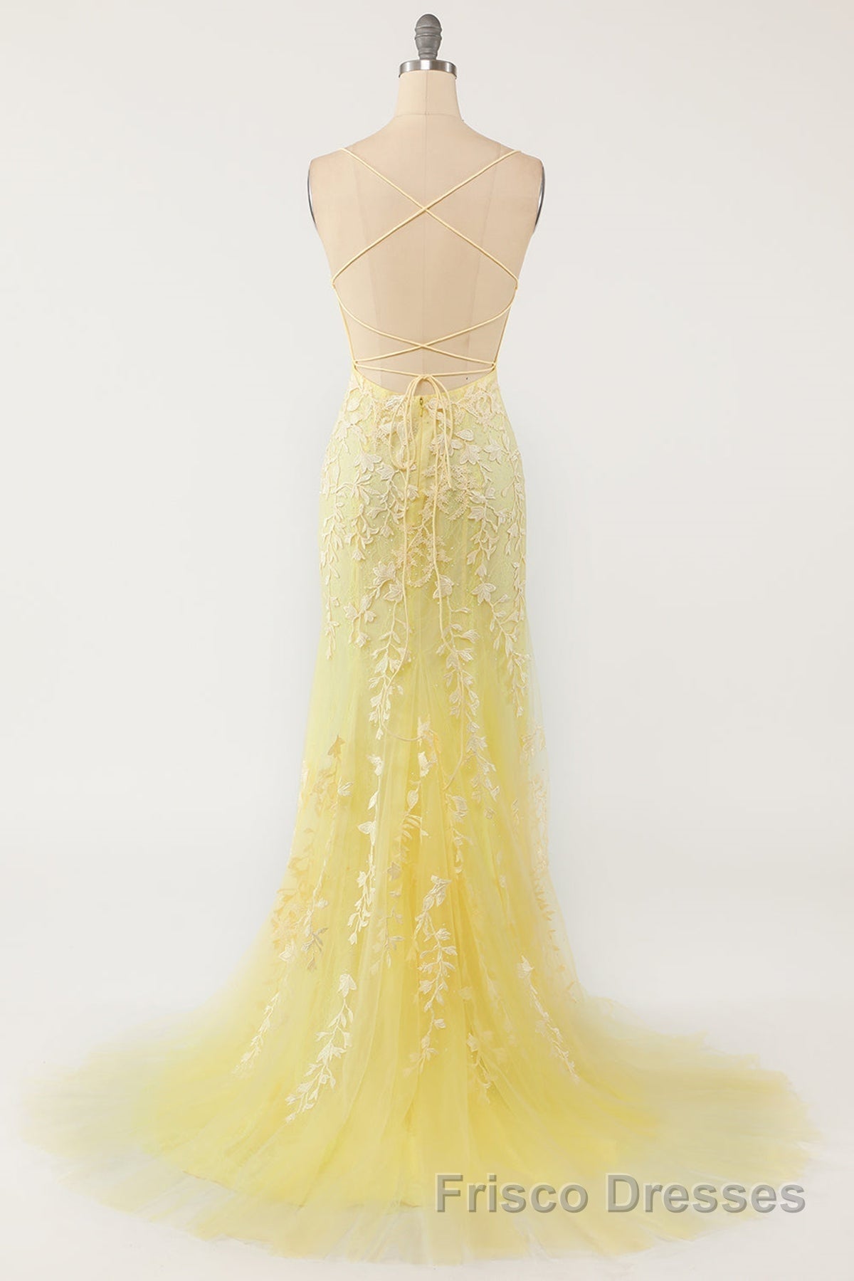 Mermaid Backless Yellow Lace Long Formal Prom Dresses, Mermaid Yellow Formal Dresses, Yellow Lace Evening Dresses