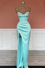 Mermaid Beaded Strapless Blue Satin Split Dress