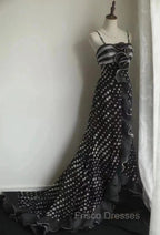 Mermaid Black Spaghetti Strap Chiffon Long Formal Prom Skirt Polka Dot Evening Dress
