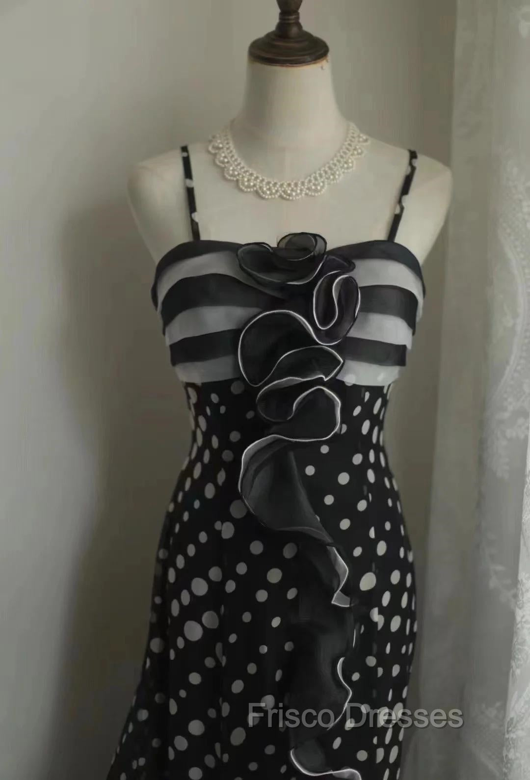 Mermaid Black Spaghetti Strap Chiffon Long Formal Prom Skirt Polka Dot Evening Dress