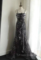 Mermaid Black Spaghetti Strap Chiffon Long Formal Prom Skirt Polka Dot Evening Dress