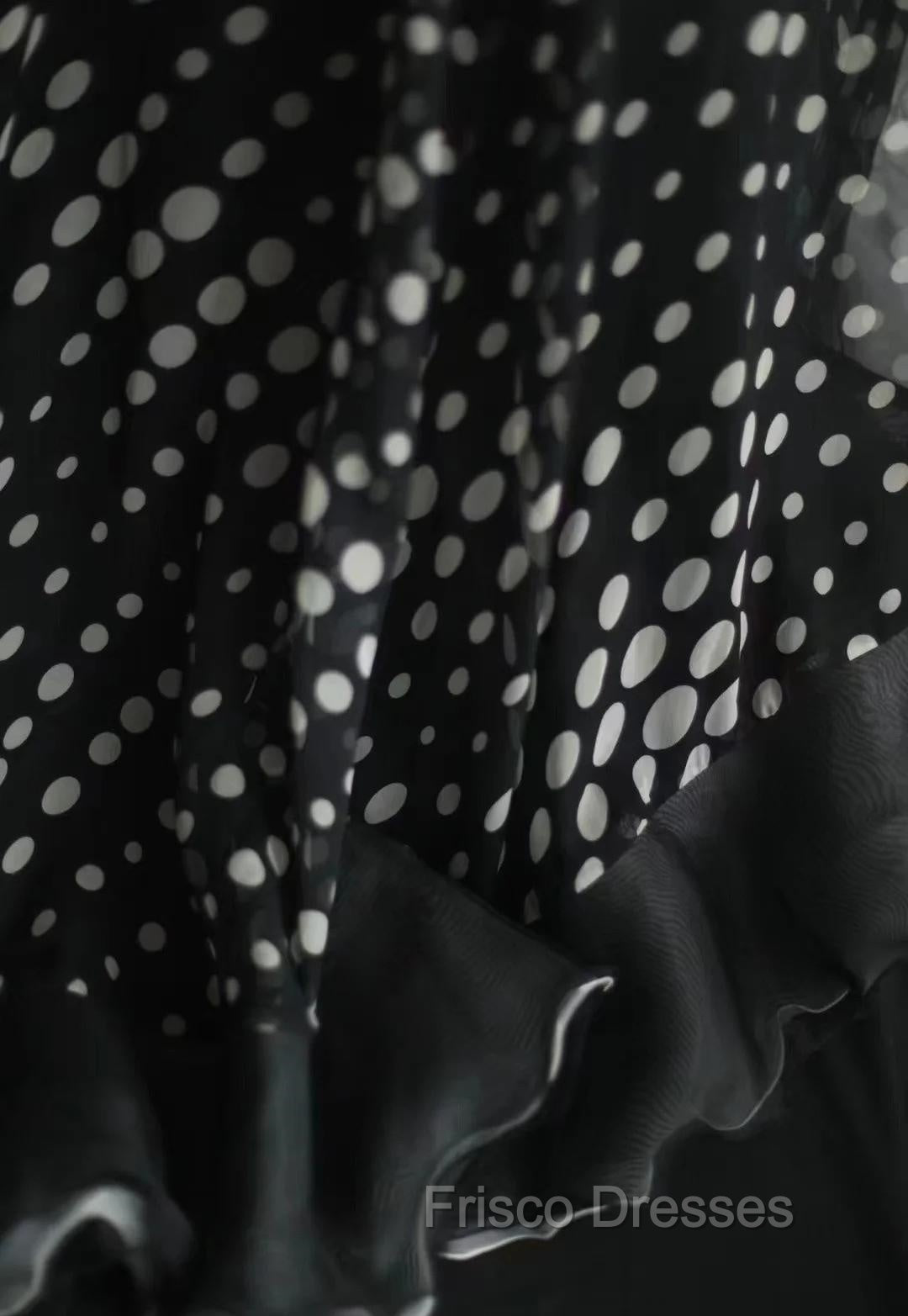 Mermaid Black Spaghetti Strap Chiffon Long Formal Prom Skirt Polka Dot Evening Dress