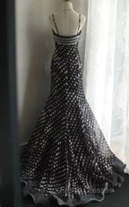 Mermaid Black Spaghetti Strap Chiffon Long Formal Prom Skirt Polka Dot Evening Dress