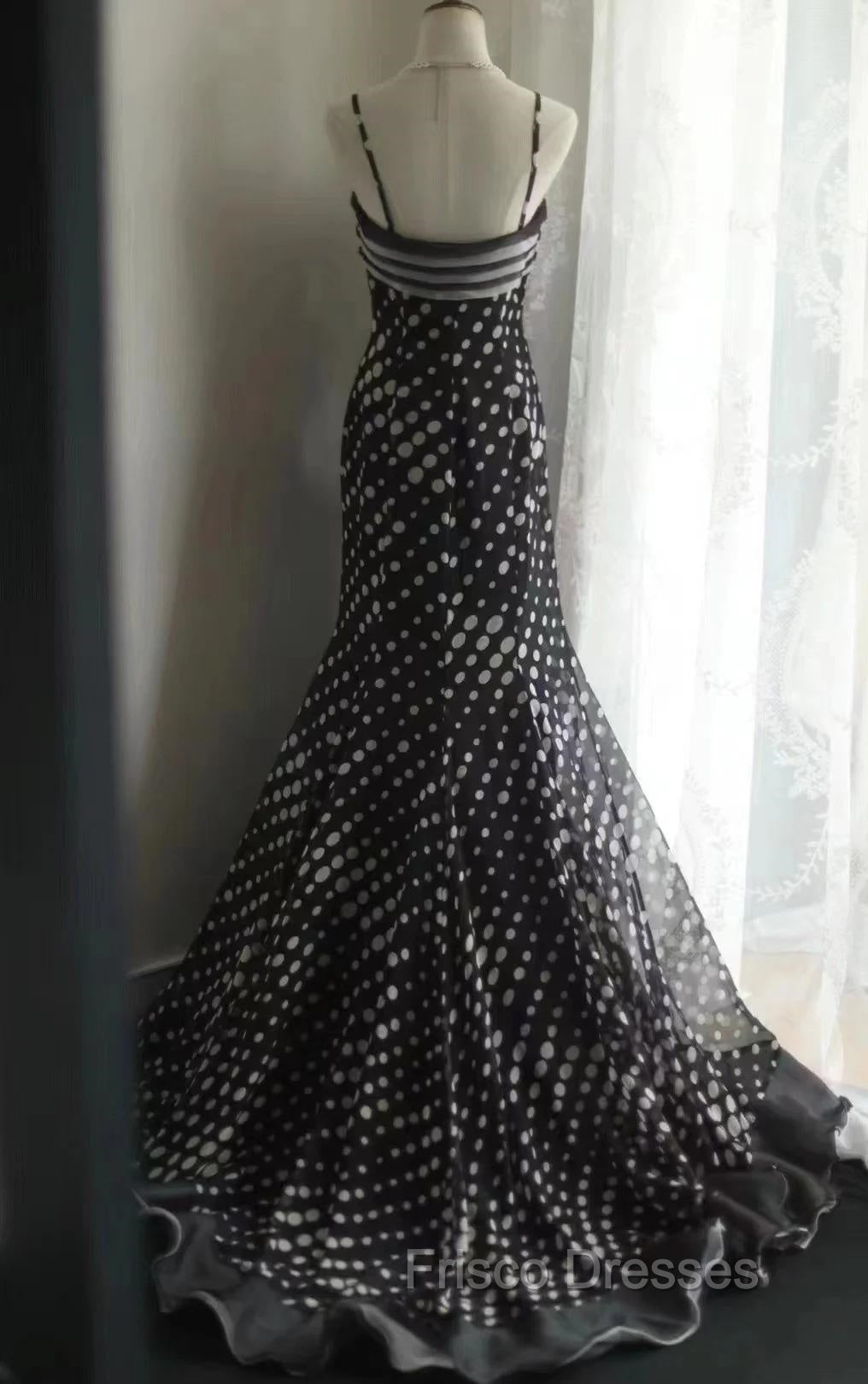 Mermaid Black Spaghetti Strap Chiffon Long Formal Prom Skirt Polka Dot Evening Dress