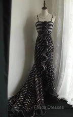Mermaid Black Spaghetti Strap Chiffon Long Formal Prom Skirt Polka Dot Evening Dress