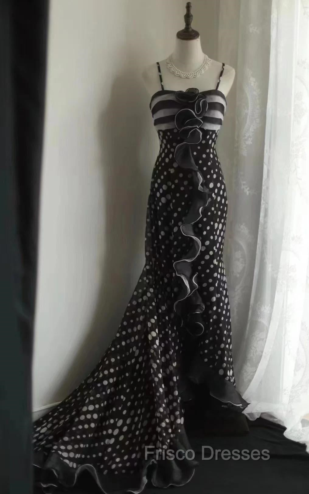 Mermaid Black Spaghetti Strap Chiffon Long Formal Prom Skirt Polka Dot Evening Dress