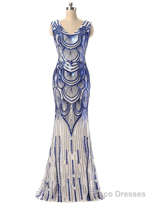 Mermaid Blue Sequins V-neck Prom Dress Main image