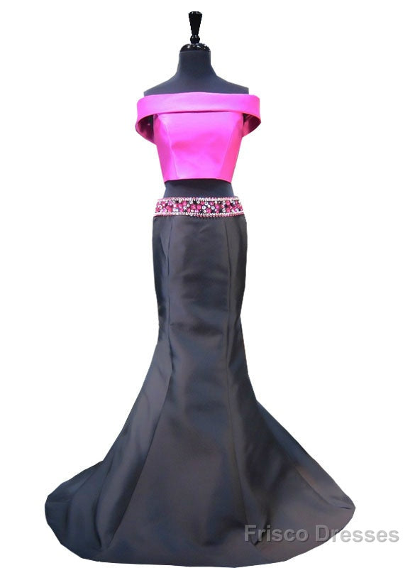 Mermaid Boat Neck Beaded Crystals Two Piece Satin Prom Dress