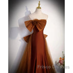 Mermaid Brown Tulle Satin Strapless Long Party Dress Formal Dress Formal Prom Dress