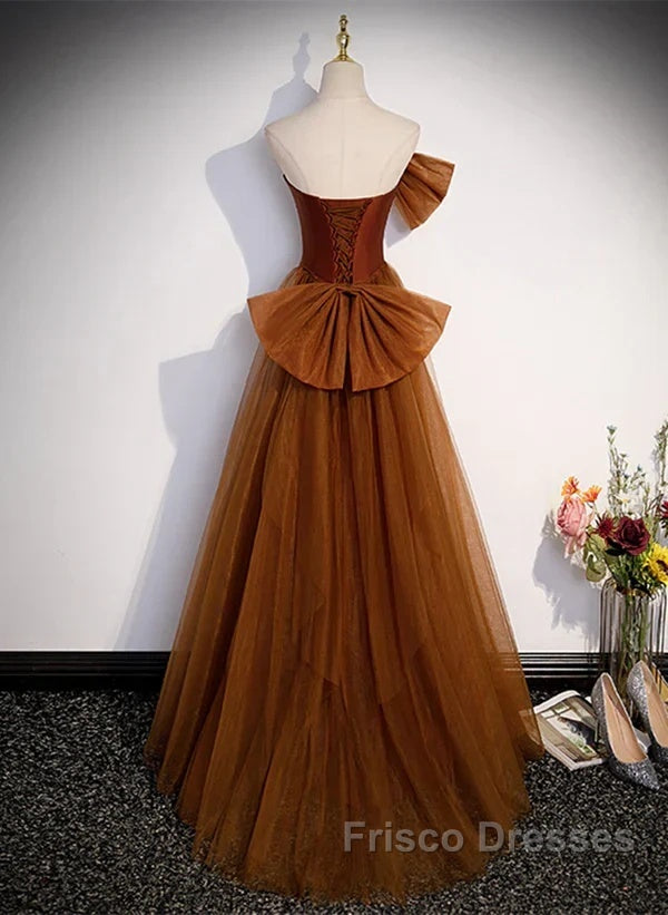 Mermaid Brown Tulle Satin Strapless Long Party Dress Formal Dress Formal Prom Dress With Bow(S)