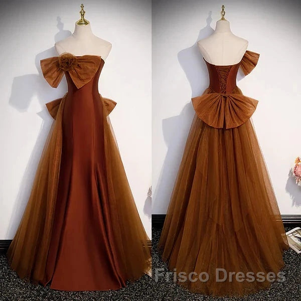 Mermaid Brown Tulle Satin Strapless Long Party Dress Formal Dress Formal Prom Dress With Bow(S)
