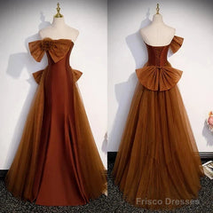 Mermaid Brown Tulle Satin Strapless Long Party Dress Formal Dress Prom Dress With Bow(S)