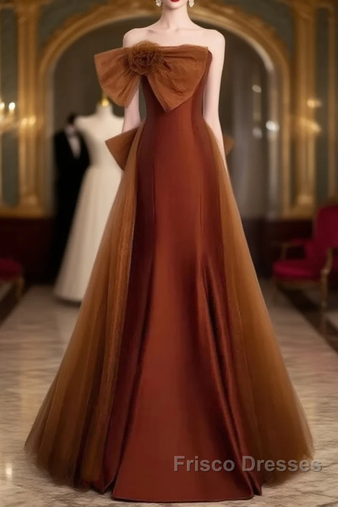 Mermaid Brown Tulle Satin Strapless Long Party Dress Formal Dress Formal Prom Dress With Bow(S)