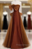 Mermaid Brown Tulle Satin Strapless Long Party Dress Formal Dress Formal Prom Dress