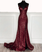Mermaid Burgundy Sequin Floor Length Prom Dress 22Th Birthday Outfit