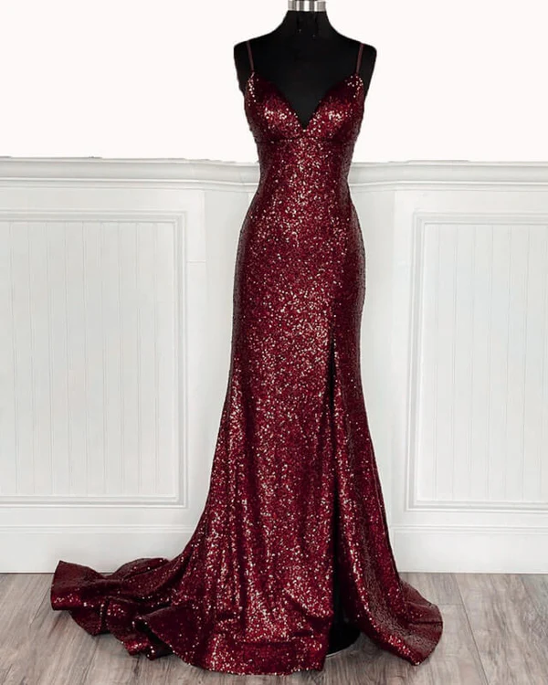 Mermaid Burgundy Sequin Floor Length Prom Dress 22Th Birthday Outfit