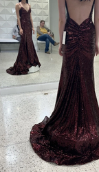Mermaid Burgundy Sequin Floor Length Prom Dress 22Th Birthday Outfit