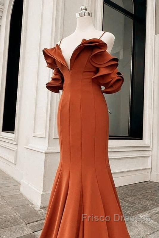 Mermaid Burnt Orange Ruffles Shoulder Dress