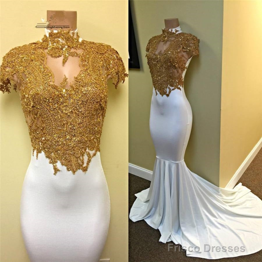 Mermaid Cap-Sleeve White Gold Lace Prom Dresses Main image