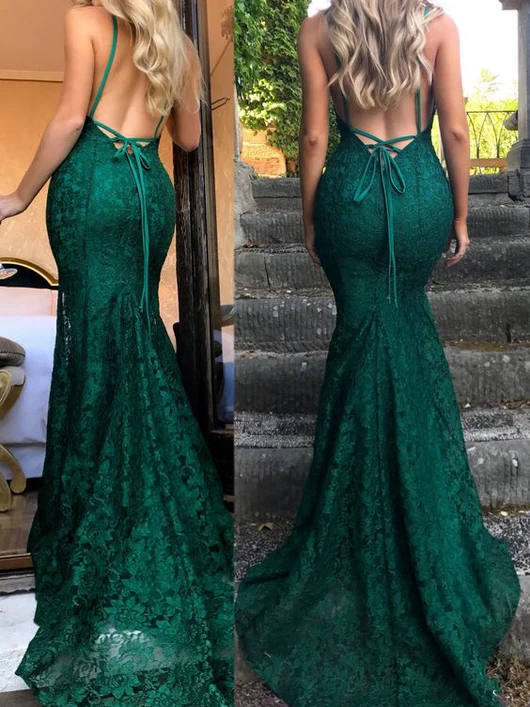 Mermaid Dark Green Prom Dress, Lace Long Prom Dresses, Spaghetti Straps Backless Prom Dress Secondary image