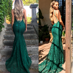 Mermaid Dark Green Prom Dress, Lace Long Prom Dresses, Spaghetti Straps Backless Prom Dress