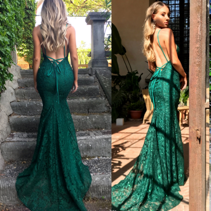 Mermaid Dark Green Prom Dress, Lace Long Prom Dresses, Spaghetti Straps Backless Prom Dress