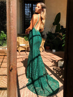 Mermaid Dark Green Prom Dress, Lace Long Prom Dresses, Spaghetti Straps Backless Prom Dress