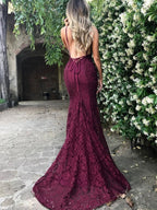 Mermaid Dark Green Prom Dress, Lace Long Prom Dresses, Spaghetti Straps Backless Prom Dress