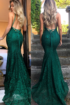 Mermaid Dark Green Prom Dress, Lace Long Prom Dresses, Spaghetti Straps Backless Prom Dress