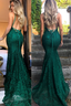 Mermaid Dark Green Prom Dress, Lace Long Prom Dresses, Spaghetti Straps Backless Prom Dress