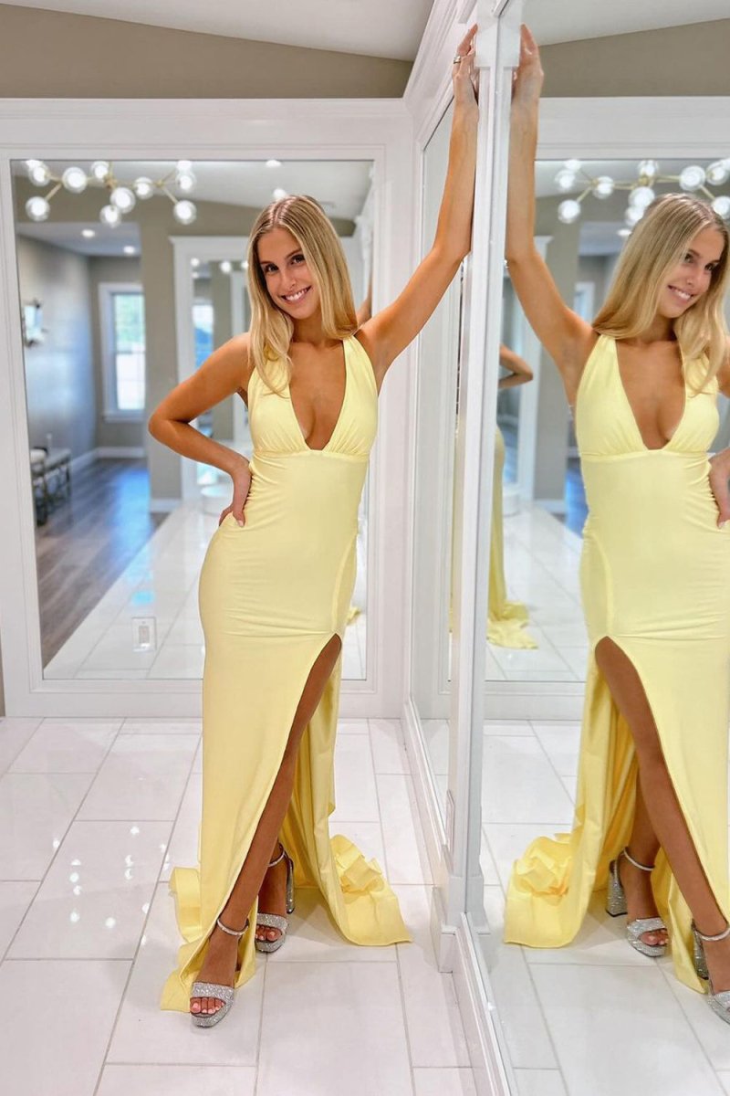 Mermaid Deep Halter Satin Long Prom Dresses with Slit