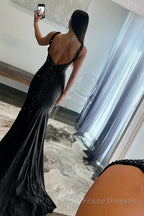 Mermaid Deep V-Neck Beaded Satin Long Prom Dress