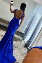 Mermaid Deep V-Neck Beaded Satin Long Prom Dress