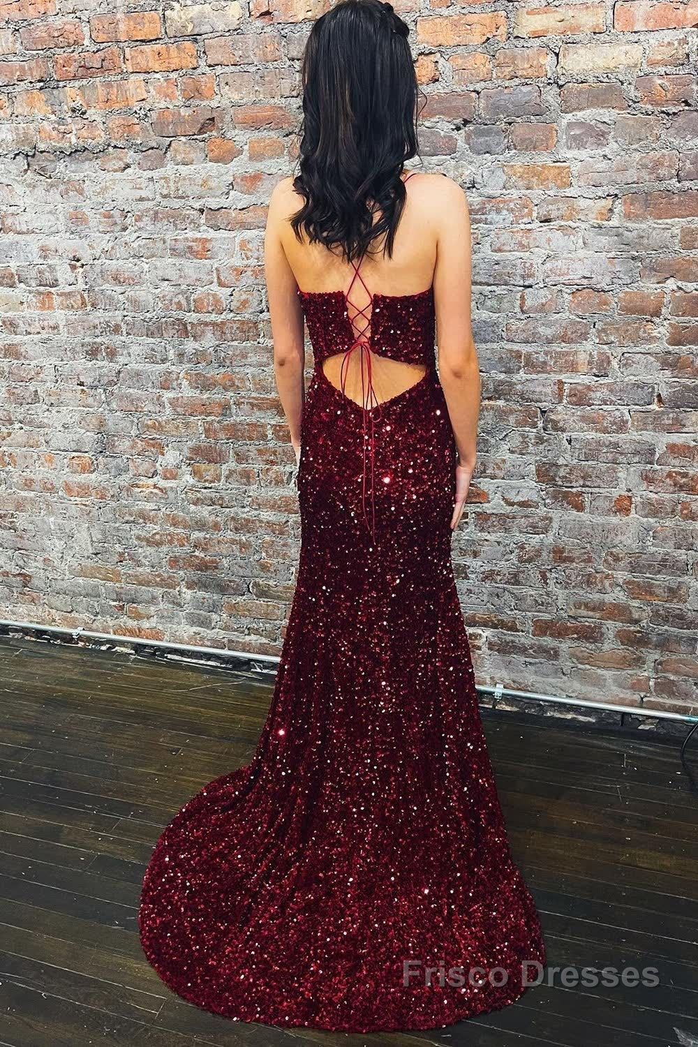 Mermaid Deep V Neck Burgundy Sequins Long Prom Dress with Silt Secondary image
