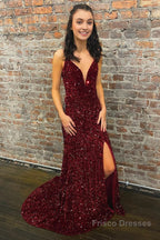 Mermaid Deep V Neck Burgundy Sequins Long Prom Dress with Silt