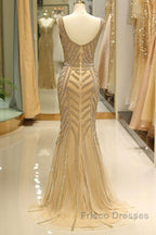 Mermaid Deep V-Neck Gold Beaded Formal Prom Dress