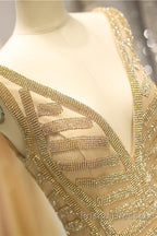Mermaid Deep V-Neck Gold Beaded Formal Prom Dress