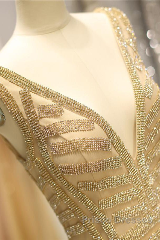 Mermaid Deep V-Neck Gold Beaded Formal Prom Dress