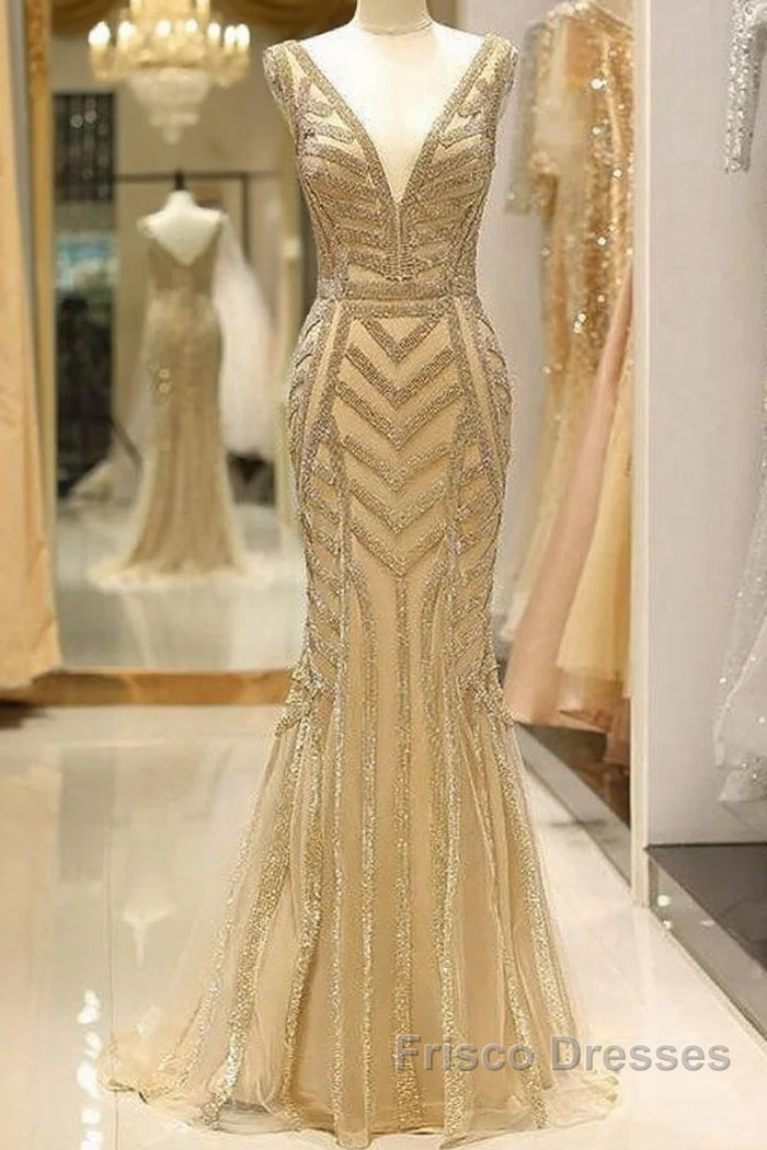 Mermaid Deep V-Neck Gold Beaded Formal Prom Dress Main image