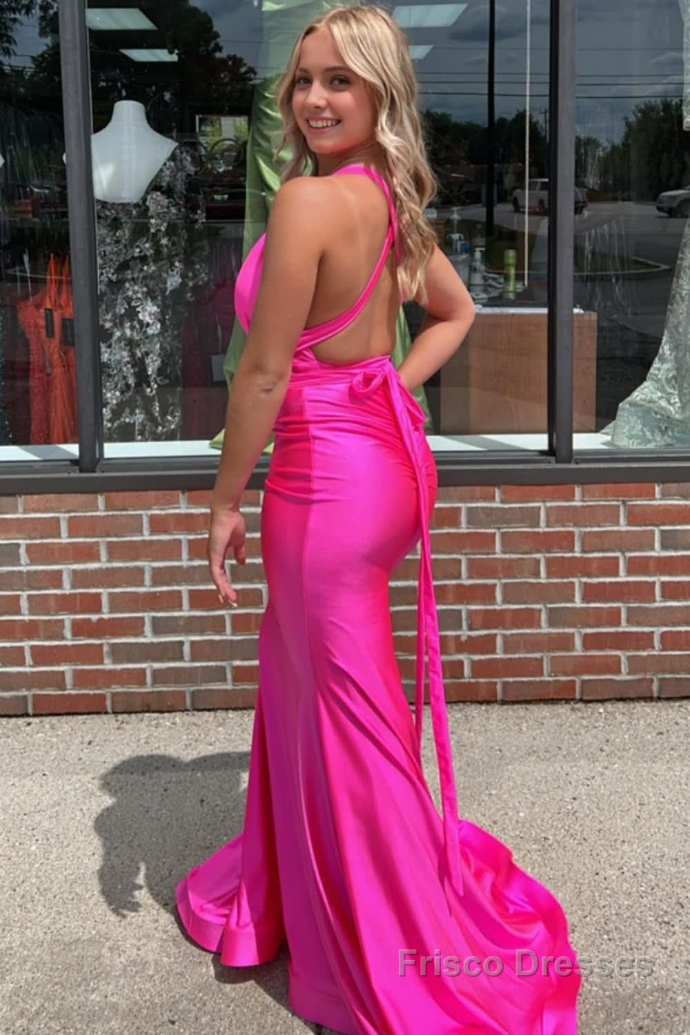 Mermaid Deep V Neck Hot Pink  Long Prom Dress with Backless Secondary image