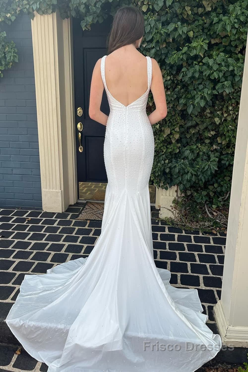 Mermaid Deep V Neck White Long Prom Dress with Beading Secondary image