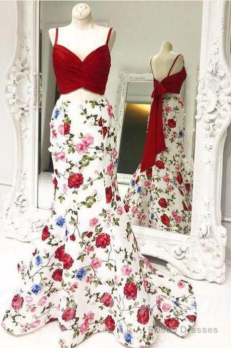 Mermaid Floral Print Red 2 Piece Prom Dresses Spaghetti Strap With Bow Main image