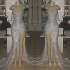 Mermaid Front Slit Deep V-Neck Halter Court Paillette Formal Prom Dress