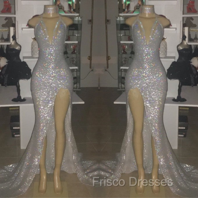 Mermaid Front Slit Deep V-Neck Halter Court Paillette Formal Prom Dress