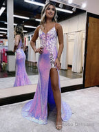 Mermaid Glitter Lavender Floral Long Prom Dress with Slit